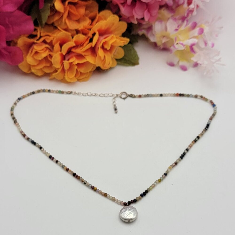 925 Sterling Silver Baroque Pearl Charm Multicolor Agate Seed Bead Necklace 15"